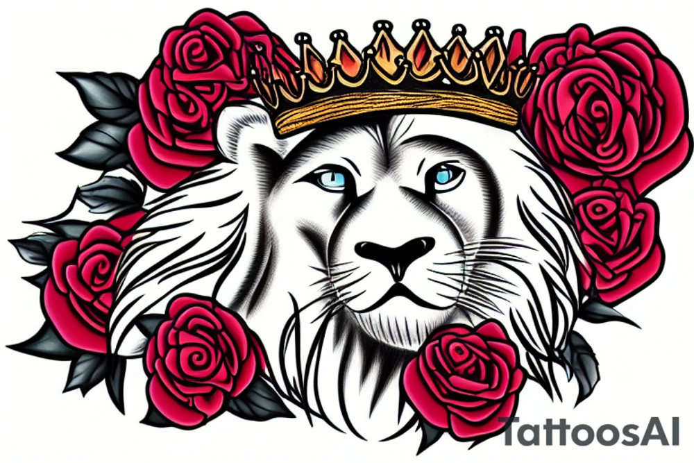 roaring lion with crown on top of roses tattoo idea