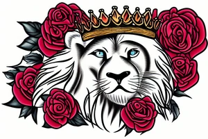 roaring lion with crown on top of roses tattoo idea
