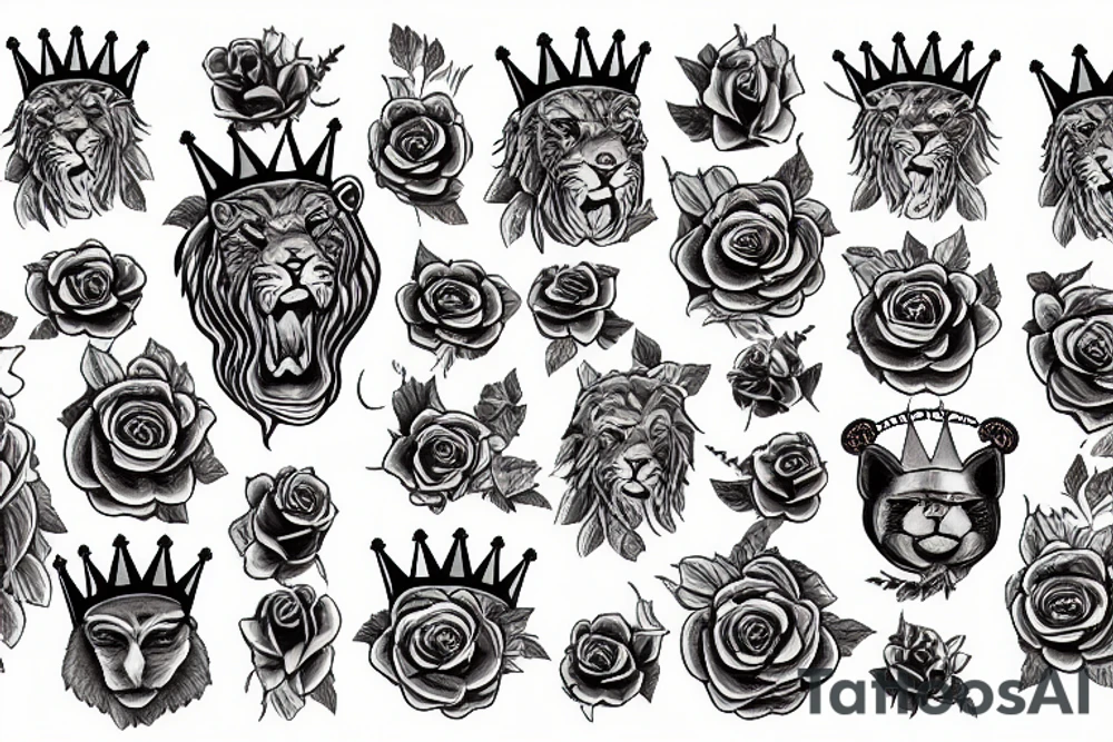 roaring lion with crown on top of roses tattoo idea