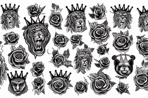 roaring lion with crown on top of roses tattoo idea