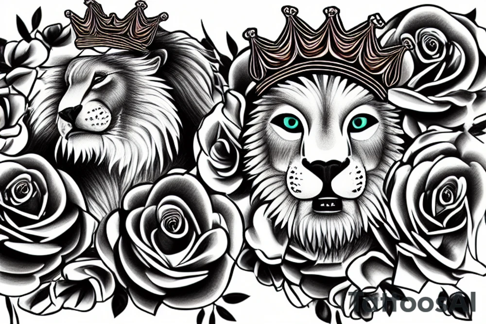 roaring lion with crown on top of roses tattoo idea