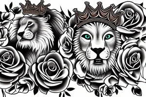 roaring lion with crown on top of roses tattoo idea