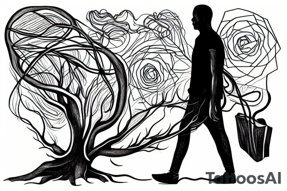 Man walking towards the sunset with roots connected to the ground tattoo idea