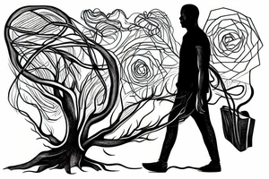 Man walking towards the sunset with roots connected to the ground tattoo idea
