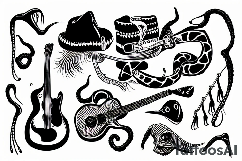 Black snake with the bone and guitar in Mexican hat tattoo idea Black snake with the bone and guitar in Mexican hat tattoo idea