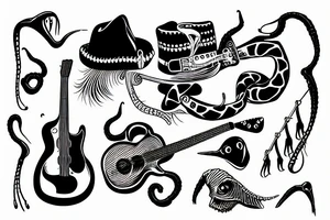 Black snake with the bone and guitar in Mexican hat tattoo idea