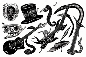 Black snake with the bone and guitar in Mexican hat tattoo idea