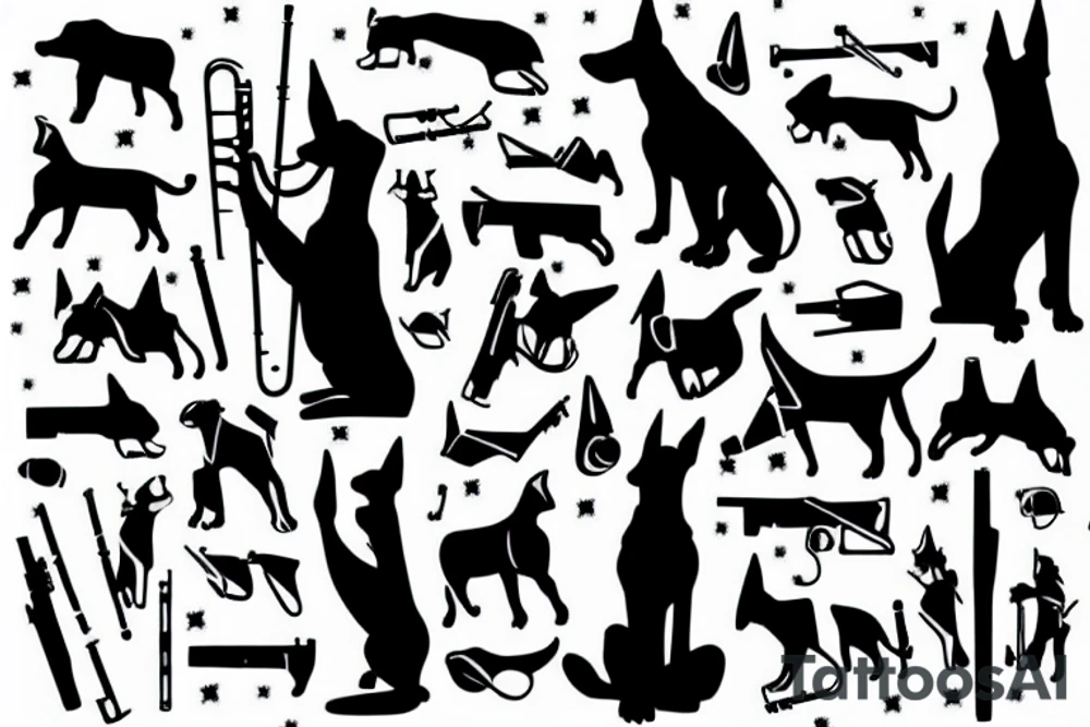 Doberman playing flute with cropped left ear tattoo idea