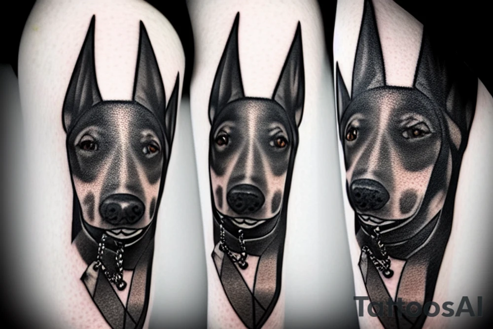 Doberman playing flute with cropped left ear tattoo idea