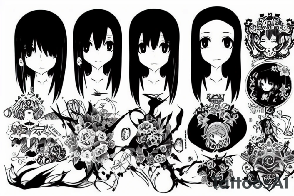 Anime girl, Miyazaki, high contrast, symmetrical tattoo idea