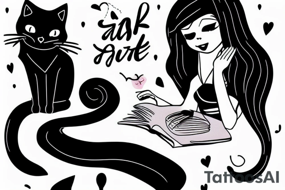 black cat with a girl writing her thesis tattoo idea