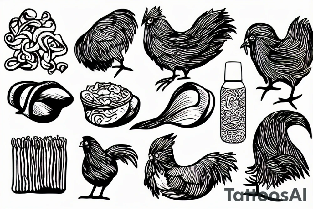 Small chicken eating noodles tattoo idea