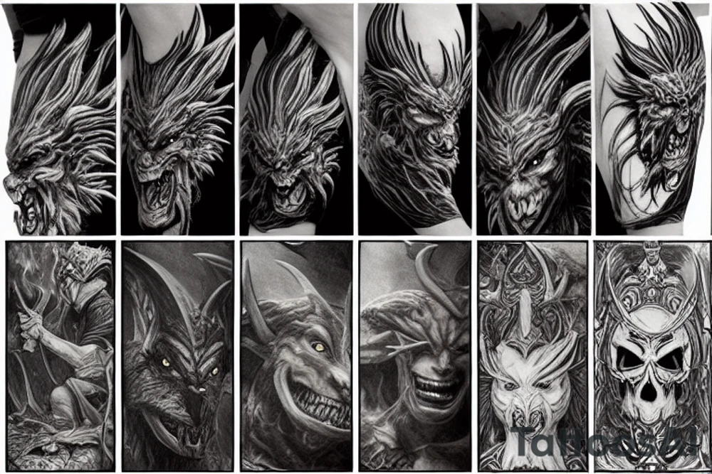 images to apply
 fantasy, creatures, destruction, a warrior with a sword or a sword (something unusual, fantasy), dragons, grin, horns, wings, teeth, fire, mysticism can be, mystical animals, skulls can be - preferably not explicitly
 (phoenix, werewolf, Anubis, you can, this is an emergency) tattoo idea