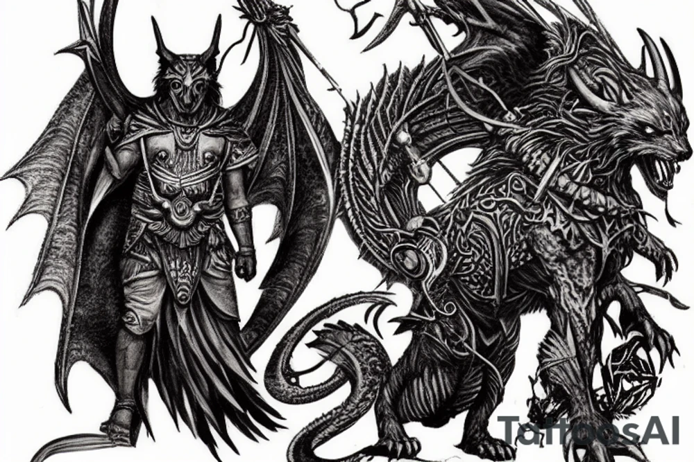 images to apply
 fantasy, creatures, destruction, a warrior with a sword or a sword (something unusual, fantasy), dragons, grin, horns, wings, teeth, fire, mysticism can be, mystical animals, skulls can be - preferably not explicitly
 (phoenix, werewolf, Anubis, you can, this is an emergency) tattoo idea