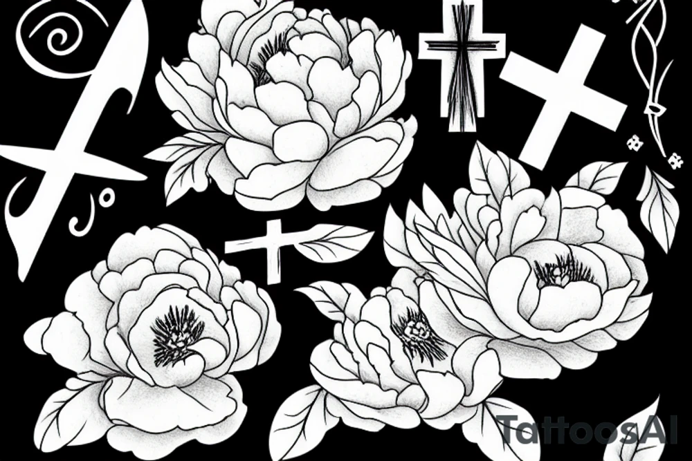 peony with sun and a cross tattoo idea