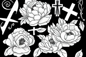 peony with sun and a cross tattoo idea
