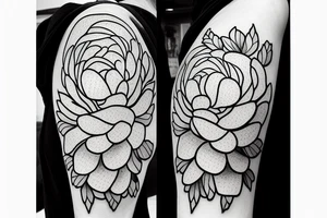 peony with sun and a cross tattoo idea