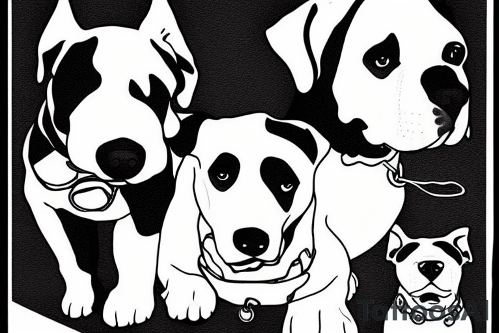 Two dogs. One black and one white. The are looking at their master going to war. They are sad tattoo idea