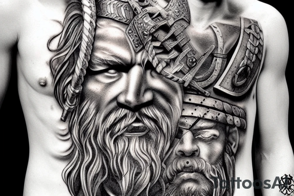 Viking God of war, old sculpture, hyperrealism tattoo idea