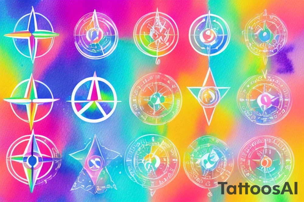 The transgender symbol as a compass, with the colors of the rainbow splashed in the background tattoo idea