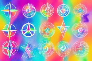 The transgender symbol as a compass, with the colors of the rainbow splashed in the background tattoo idea