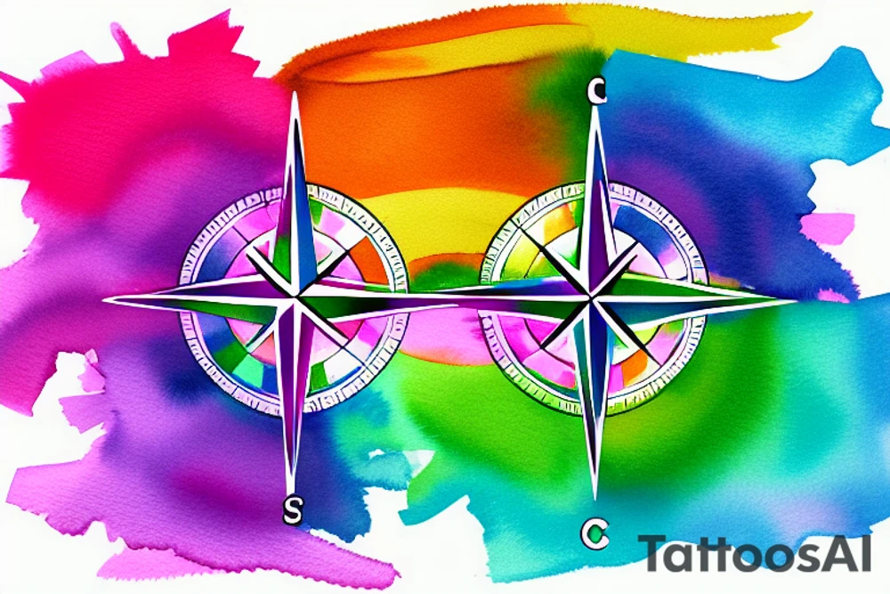 The transgender symbol as a compass, with the colors of the rainbow splashed in the background tattoo idea