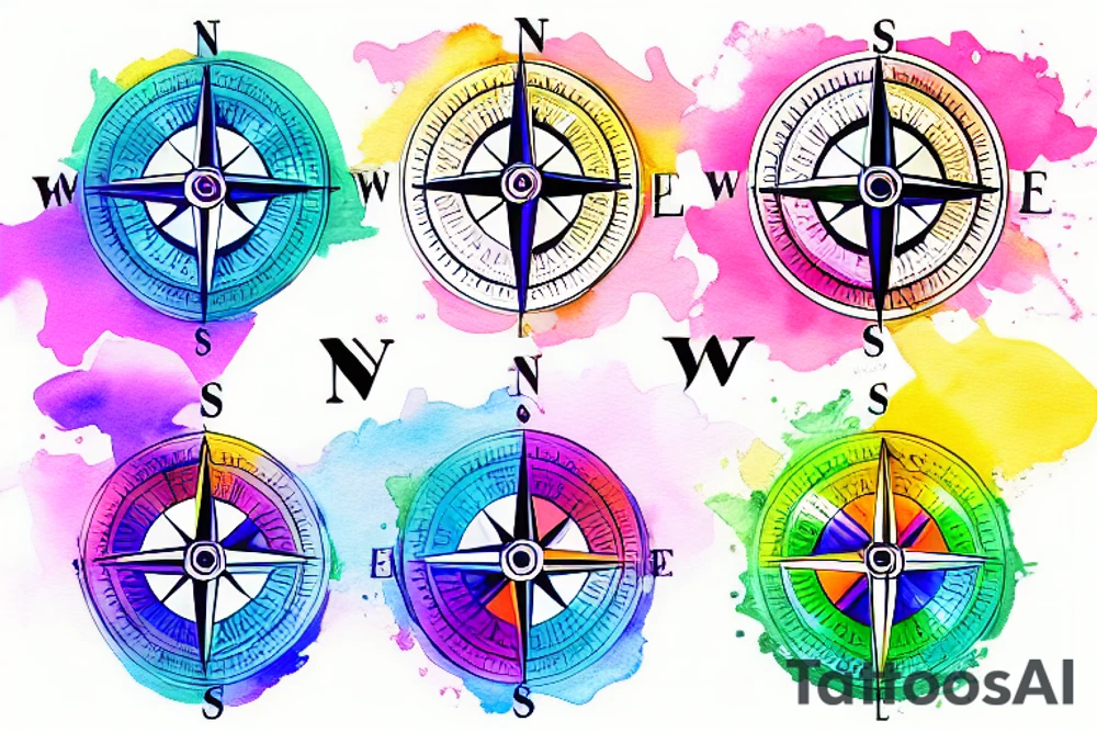 a compass with the symbols for male female and neutrum coming out of it, rainbow colors splashed in the background tattoo idea