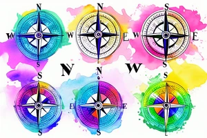 a compass with the symbols for male female and neutrum coming out of it, rainbow colors splashed in the background tattoo idea