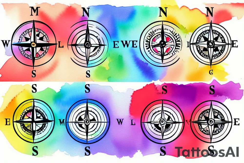 a compass with the symbols for male female and neutrum coming out of it, rainbow colors splashed in the background tattoo idea