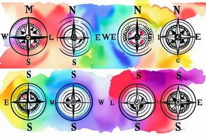 a compass with the symbols for male female and neutrum coming out of it, rainbow colors splashed in the background tattoo idea