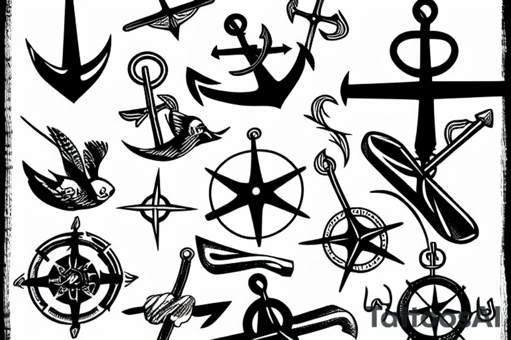 flying sparrow with anchor and compass tattoo idea