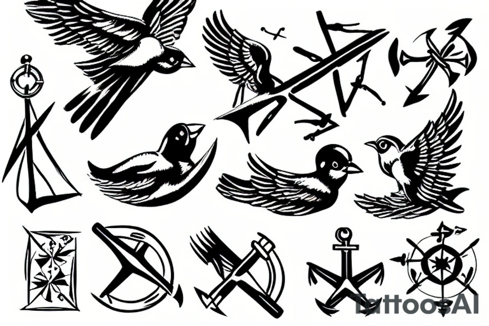 flying sparrow with anchor and compass tattoo idea