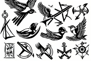 flying sparrow with anchor and compass tattoo idea