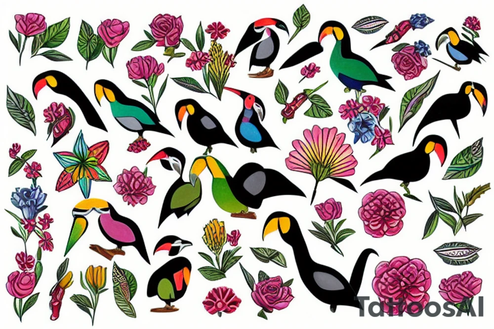 Teopical flowers, tucan tattoo idea