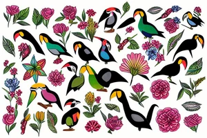 Teopical flowers, tucan tattoo idea