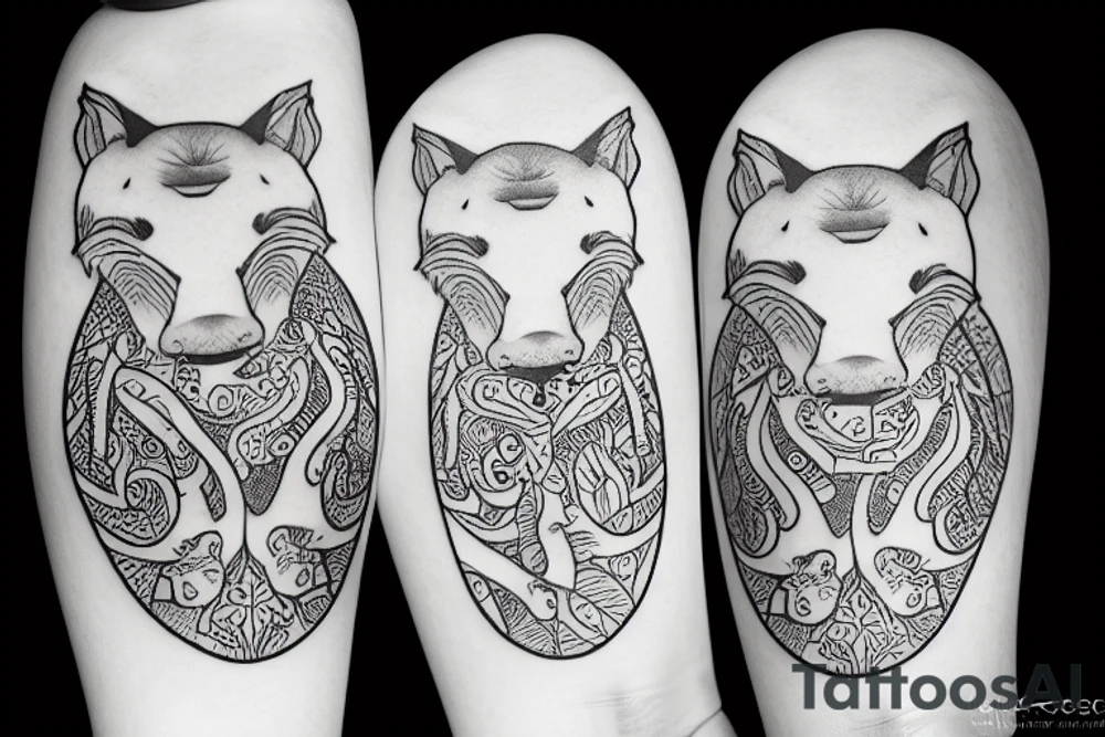 Hippo and a fox dancing around the bodhi tree tattoo idea