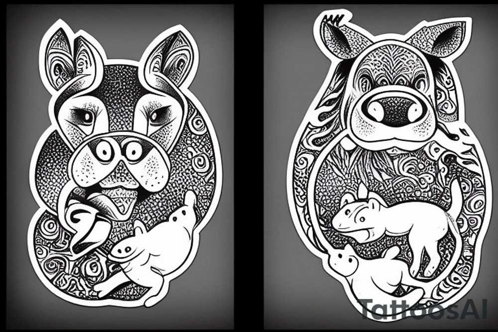Hippo and a fox dancing around the bodhi tree tattoo idea