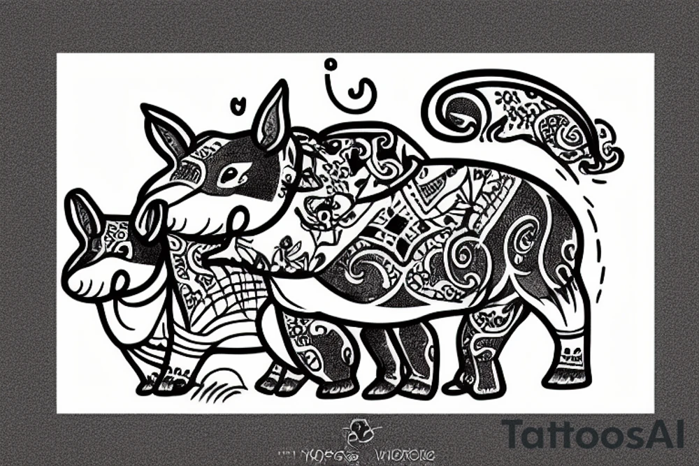 Hippo and a fox dancing around the bodhi tree tattoo idea