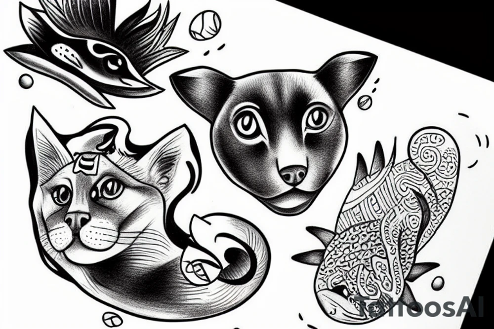 a dog and a cat in a landscape under the sun with fishes tattoo idea
