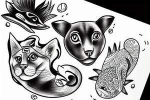 a dog and a cat in a landscape under the sun with fishes tattoo idea