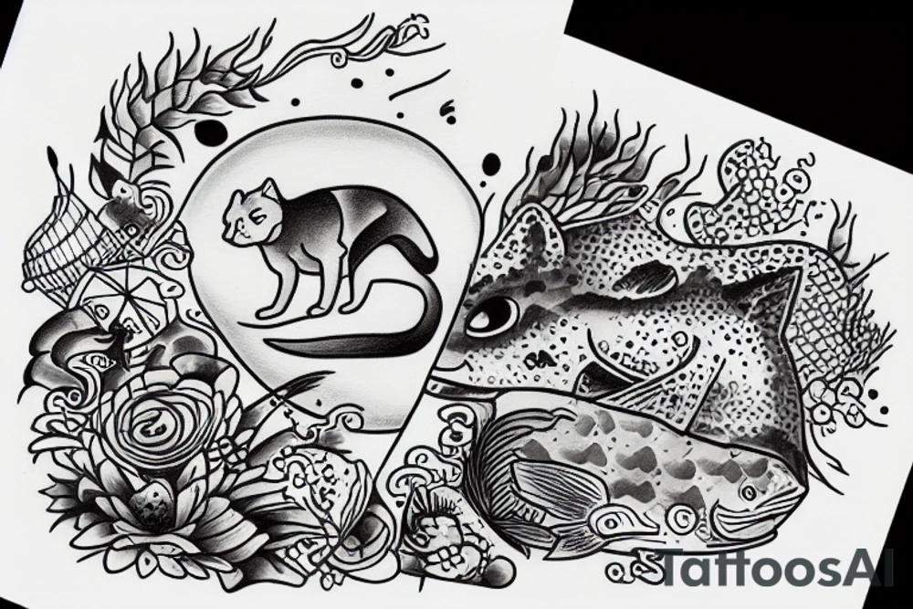 a dog and a cat in a landscape under the sun with fishes tattoo idea