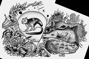 a dog and a cat in a landscape under the sun with fishes tattoo idea