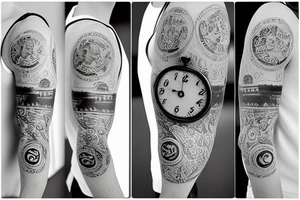 A pocket watch with currency for numbers tattoo idea