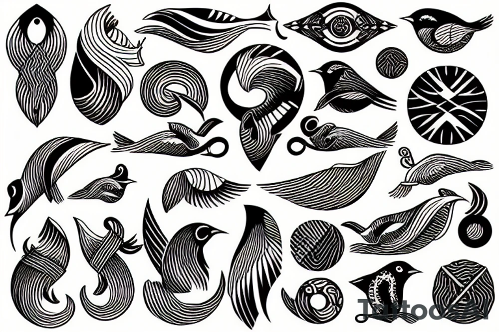 Sea waves and birds with symmetry tattoo idea