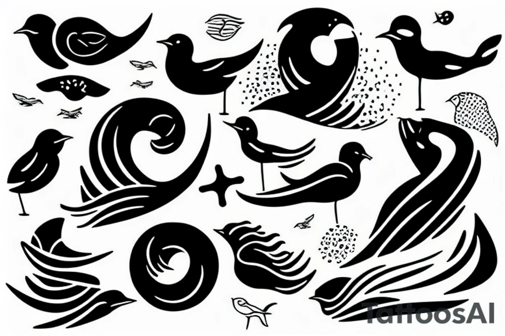 Sea waves and birds with symmetry tattoo idea