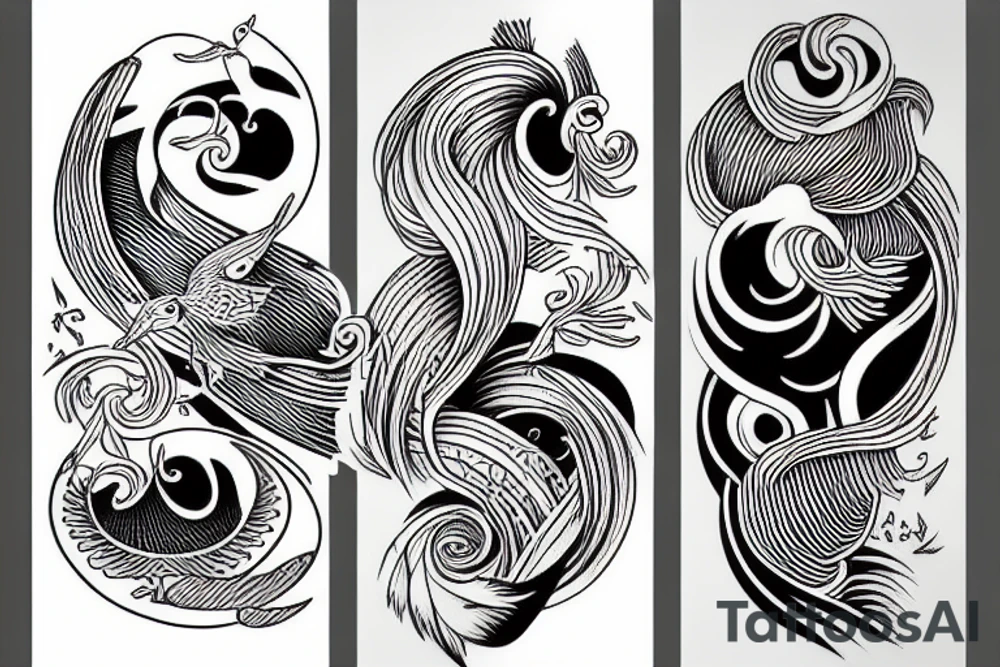 Sea waves and birds with symmetry tattoo idea