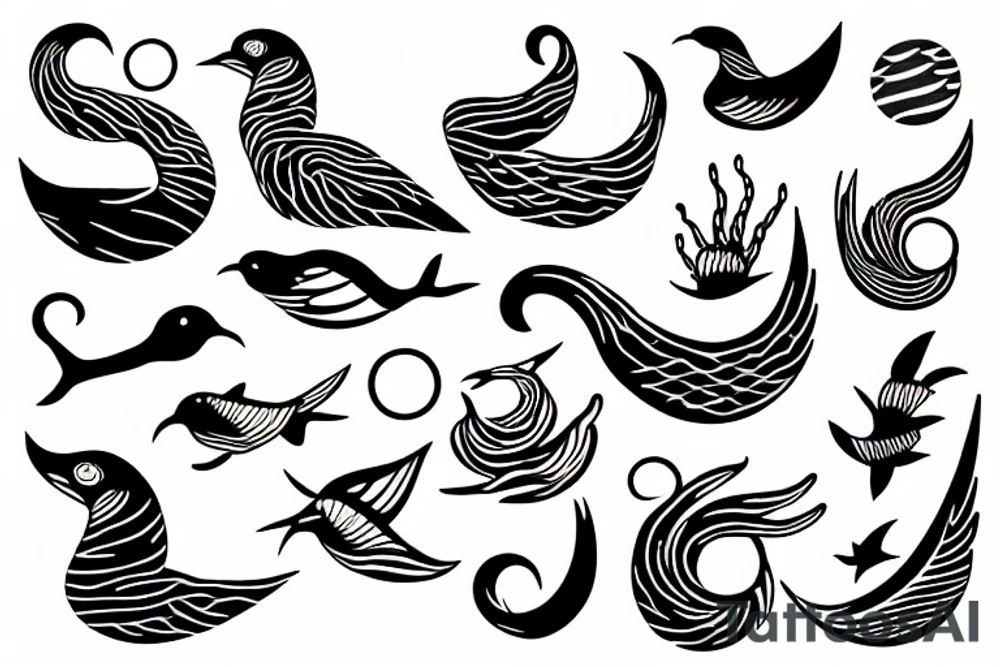 Sea waves and birds with symmetry tattoo idea