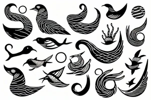 Sea waves and birds with symmetry tattoo idea
