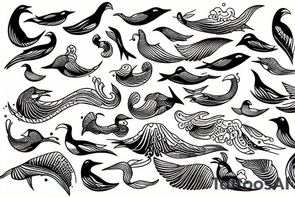 Sea waves and birds with symmetry tattoo idea