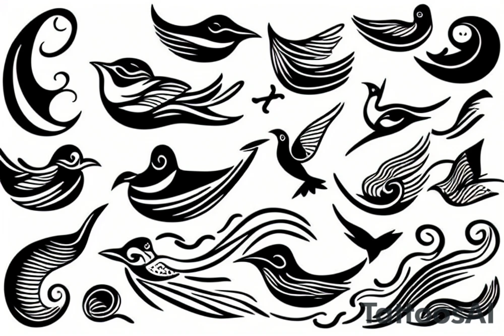 Sea waves and birds with corners tattoo idea